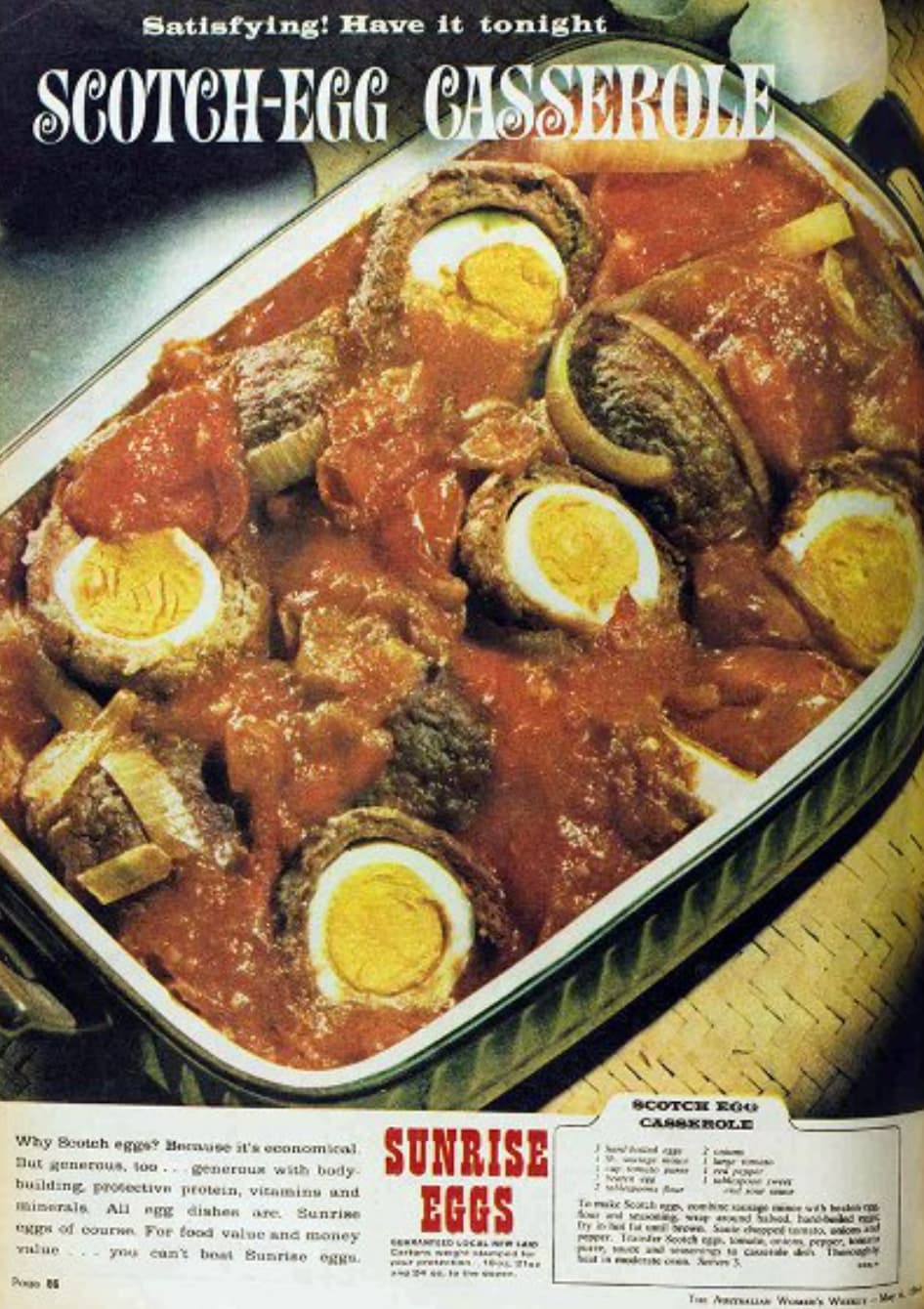 gulai - Satisfying! Have it tonight ScotchEgg Casserole Scotch Egg Casserole Why Scotch eggs? Because it's economical. But generous, too. generaux with body building protective protein, vitamins and minerals All egg dishes are. Sunrise eggs of course. For